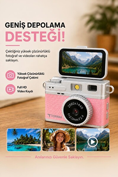 Mini Dijital Kamera 2K Flip Ekranlı Selfie Video Vlog Kamerası CMR49 Pembe