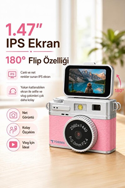 Mini Dijital Kamera 2K Flip Ekranlı Selfie Video Vlog Kamerası CMR49 Pembe