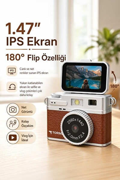 Mini Dijital Kamera 2K Flip Ekranlı Selfie Video Vlog Kamerası CMR49 Kahverengi