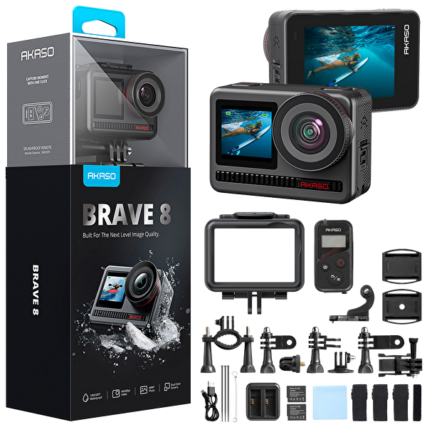Akaso Brave 8 4K/60FPS 48MP Wi-Fi Dual Screen Aksiyon Kamera ve Aksesuar Seti