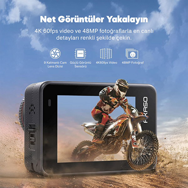 Akaso Brave 8 4K/60FPS 48MP Wi-Fi Dual Screen Aksiyon Kamera ve Aksesuar Seti