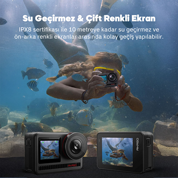 Akaso Brave 8 4K/60FPS 48MP Wi-Fi Dual Screen Aksiyon Kamera ve Aksesuar Seti