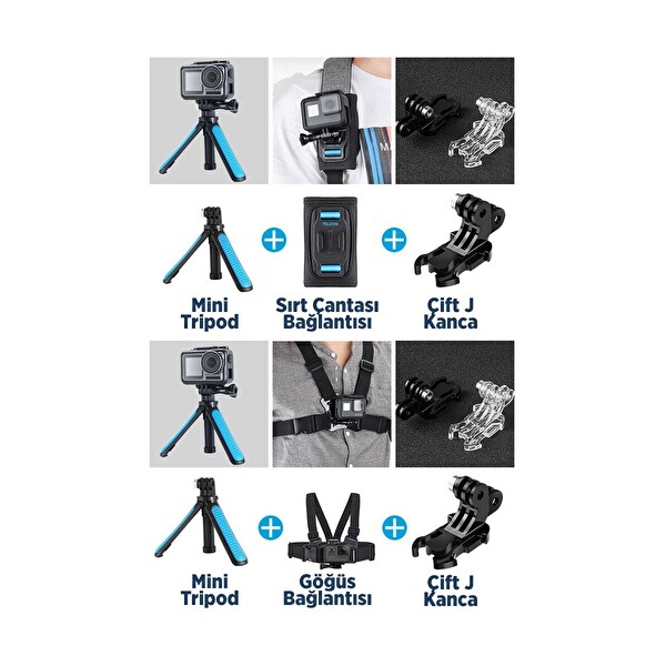 Telesin Aksiyon Kameraları için Dikey ve Yatay Bağlantı Için J-Hook Adaptör Gopro - Djı - INSTA360 - Sjcam - Vantop