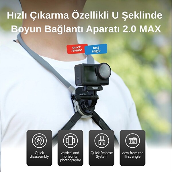 Telesin U Shape Neck Holder 2.0 Max Versiyon Gopro Djı Osmo Action INSTA360 Ace Pro Aksiyon Kameralar İçin Boyun Askısı