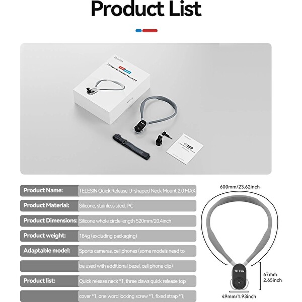 Telesin U Shape Neck Holder 2.0 Max Versiyon Gopro Djı Osmo Action INSTA360 Ace Pro Aksiyon Kameralar İçin Boyun Askısı