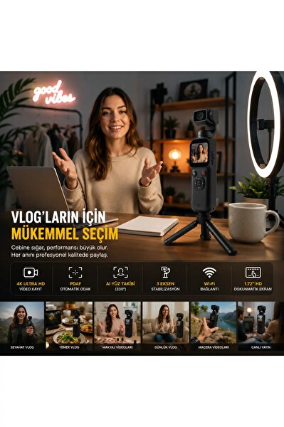Smate 4K Pocket Camera Profesyonel Vlog Kamerası Gimbal Özellikli Titreşim Önleyici Otomatik Dönüş ve Yüz Takibi