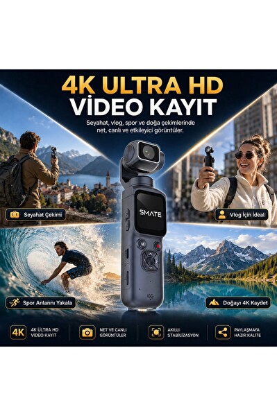 Smate 4K Pocket Camera Profesyonel Vlog Kamerası Gimbal Özellikli Titreşim Önleyici Otomatik Dönüş ve Yüz Takibi