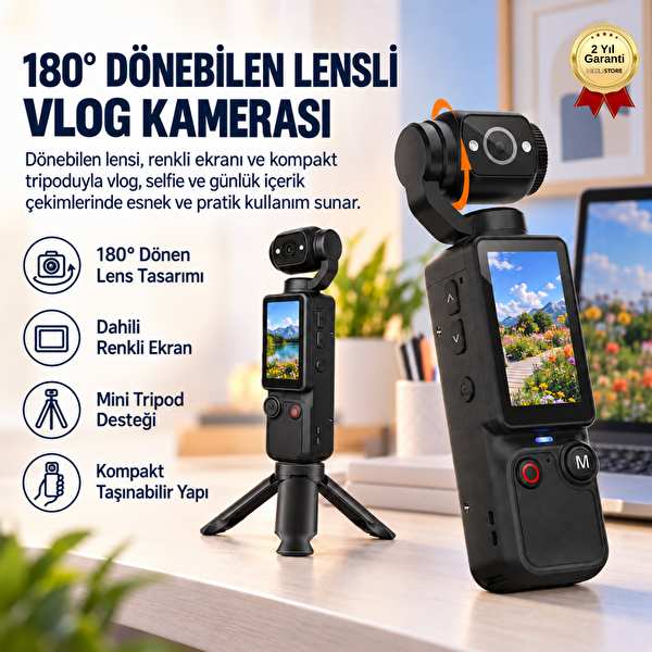Hzl Store Q7 180 Derece Döner Lensli Ekranlı Vlog Kamerası Taşınabilir Mini Video Kayıt Cihazı