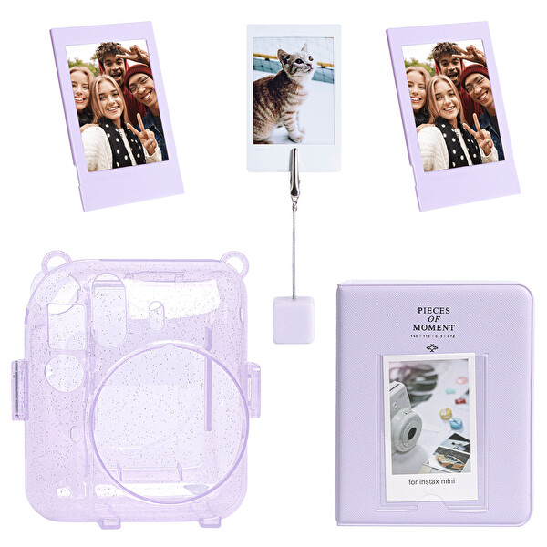 Instax Mini 12 Simli Şeffaf Lila Kılıf PVC 64'lü Albüm ve Fotoğraf Çerçeveleri Aksesuar Seti