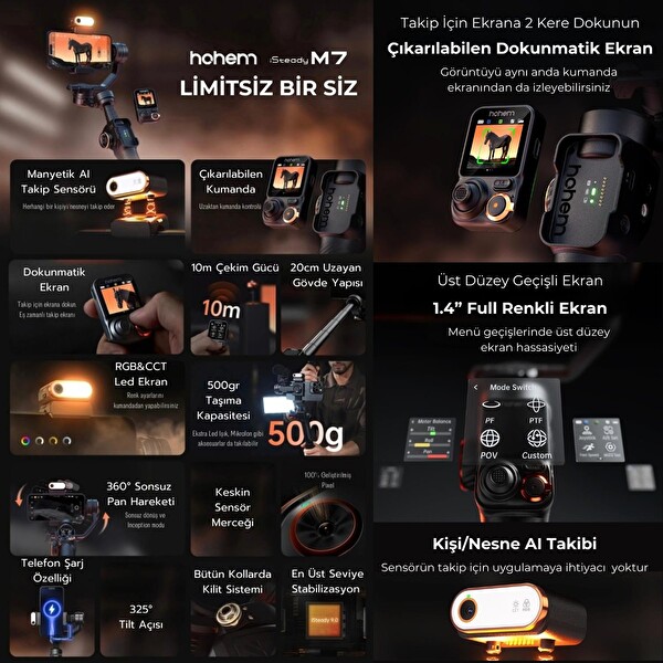 Hohem Isteady M7 Kit Yapay Zeka Takip Sensörlü 3 Eksenli Telefon Sabitleyici Gimbal