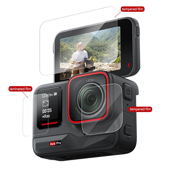 Ayex Insta360 Ace - Ace Pro Uyumlu Temperli Cam Ekran ve Lens Koruyucu Set