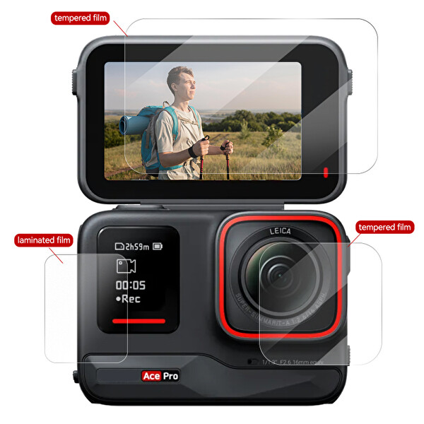 Ayex Insta360 Ace - Ace Pro Uyumlu Temperli Cam Ekran ve Lens Koruyucu Set