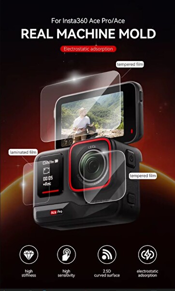 Ayex Insta360 Ace - Ace Pro Uyumlu Temperli Cam Ekran ve Lens Koruyucu Set