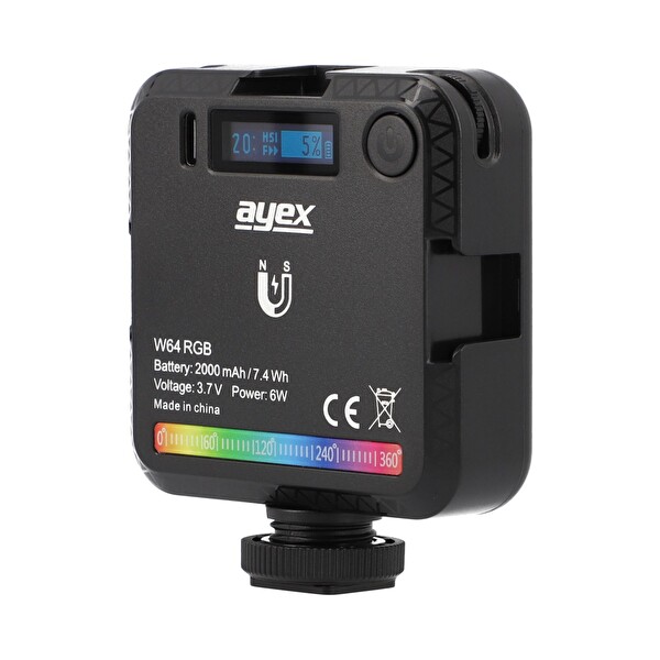 Ayex W64 RGB LED Video Işığı - Ayarlanabilir Parlaklık & 20 Efekt - Şarjlı
