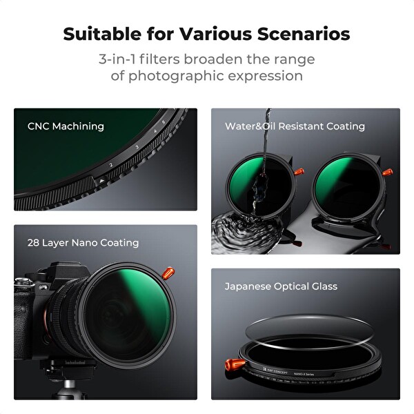 K&F Concept K&F 82mm 3 in 1 Filtre - ND2-32 1-5 Kademeli CPL ve Black Mist 1/4
