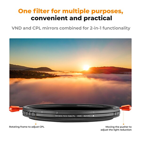 K&F Concept 67mm 2in1 Değişken ND2-ND32 + CPL Filtre - Nano -C serisi Kaplama