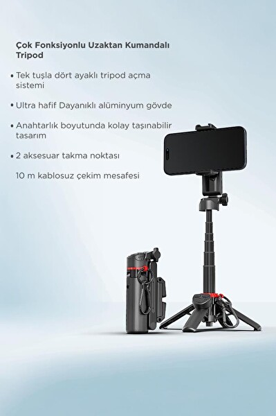 Torima L10 Çok Amaçlı 360 Derece Kumandalı Selfie Çubuğu Tripod - Siyah