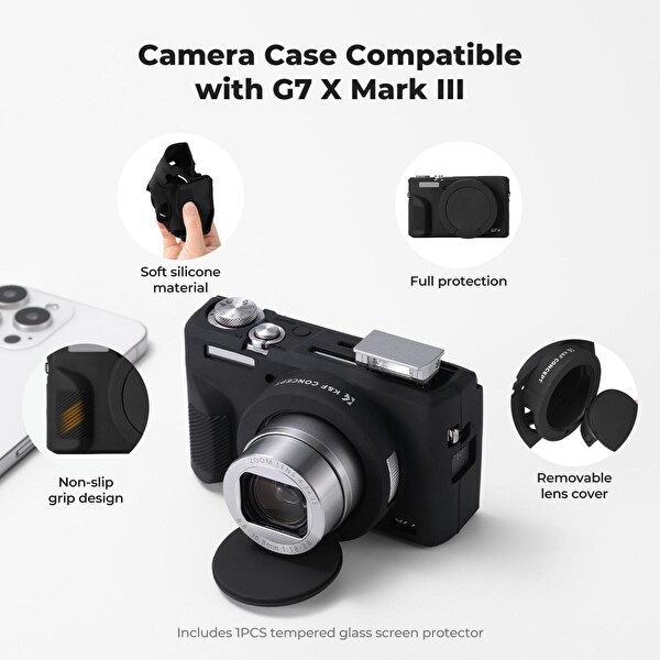 K&F Concept Canon G7X Mark III Uyumlu Silikon Kılıf ve Ekran Koruyucu Siyah