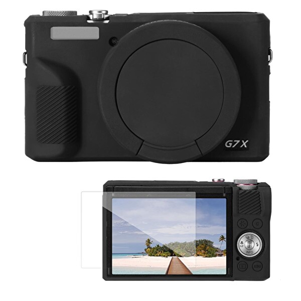 K&F Concept Canon G7X Mark III Uyumlu Silikon Kılıf ve Ekran Koruyucu Siyah