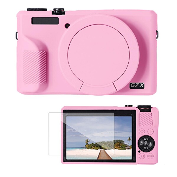 K&F Concept Canon G7X Mark III Uyumlu Silikon Kılıf ve Ekran Koruyucu Pembe