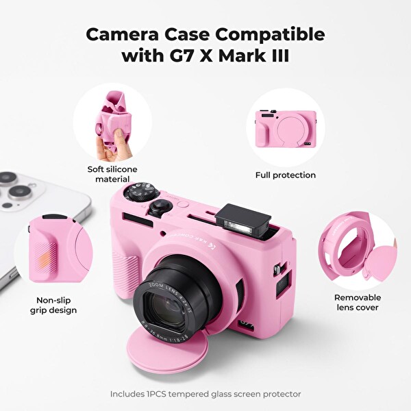 K&F Concept Canon G7X Mark III Uyumlu Silikon Kılıf ve Ekran Koruyucu Pembe