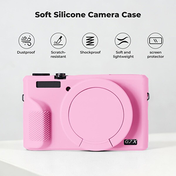 K&F Concept Canon G7X Mark III Uyumlu Silikon Kılıf ve Ekran Koruyucu Pembe