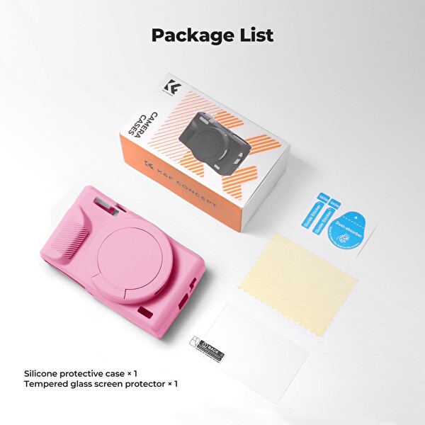 K&F Concept Canon G7X Mark III Uyumlu Silikon Kılıf ve Ekran Koruyucu Pembe