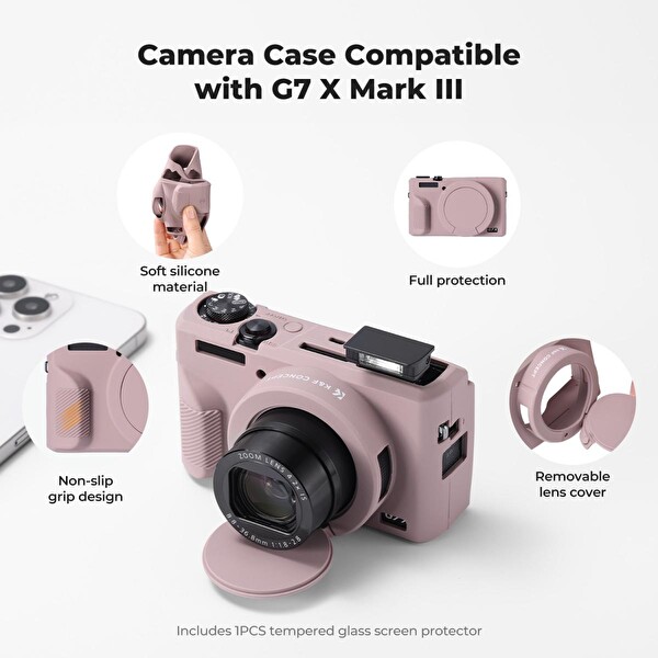K&F Concept Canon G7X Mark III Uyumlu Silikon Kılıf ve Ekran Koruyucu Mor