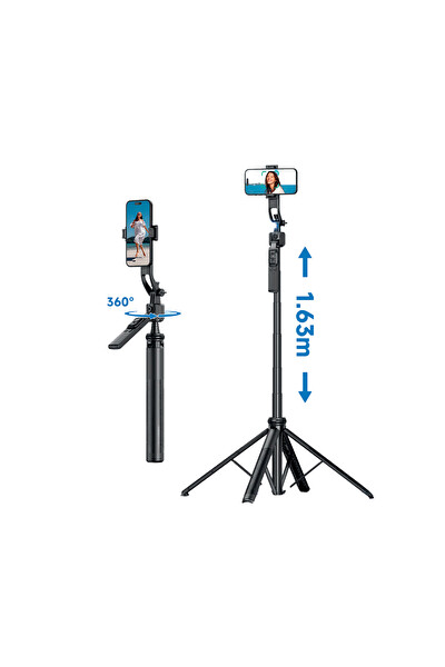 Başkenttekno Çok Amaçlı Tripod 1.6 M Kumandali Kamera Telefon Tutucu C17 Siyah