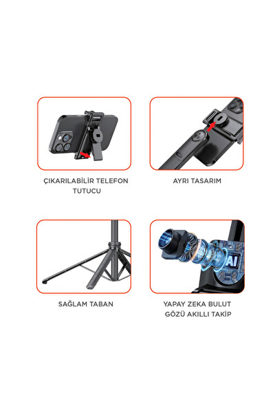 Başkenttekno Çok Amaçlı Tripod 1.6 M Kumandali Kamera Telefon Tutucu C17 Siyah