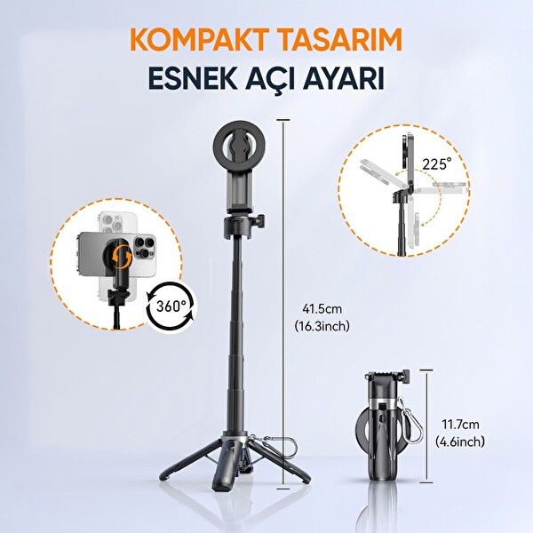 Juo JST30 Magsafe Manyetik Kumandalı Tripod Monopod Selfie Çubuğu Android iPhone Uyumlu Beyaz