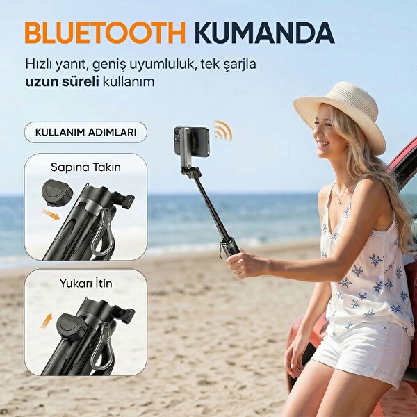 Juo JST20 Kumandalı Mini Tripod Monopod Selfie Çubuğu Android iPhone Uyumlu Siyah