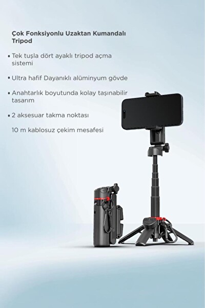 Başkenttekno L10 Tripod Çok Amaçlı 360 Derece Kumandalı Mini Selfie Çubuğu Siyah