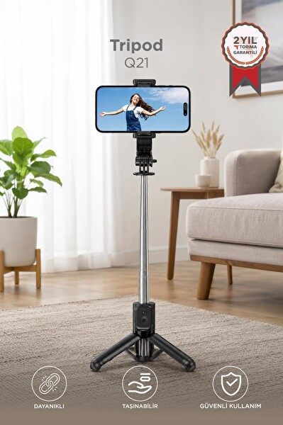 Torima Q21 Siyah Çok Amaçlı Entegre Tripodlu Uzaktan Kumandalı Selfie Çubuğu Tripod