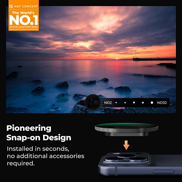 K&F Concept ND2-32 iPhone 17 Pro - Pro Max Uyumlu Ayarlanabilir Lens Filtresi Siyah