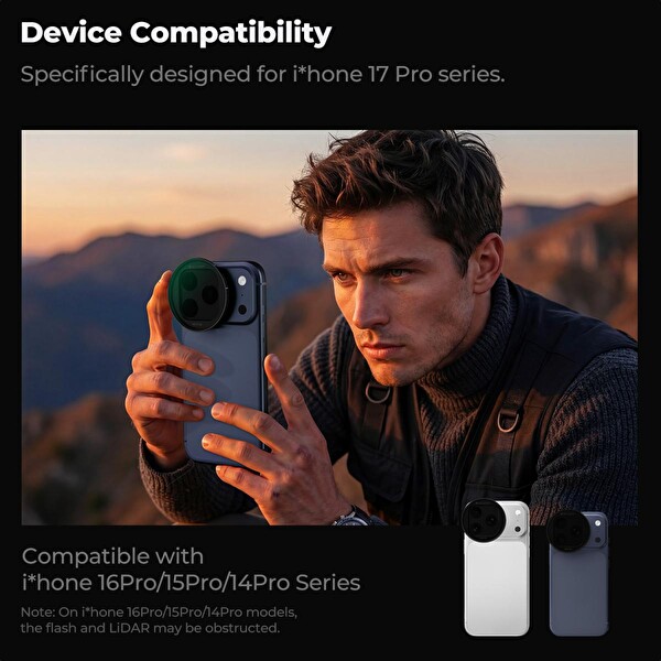 K&F Concept ND2-32 iPhone 17 Pro - Pro Max Uyumlu Ayarlanabilir Lens Filtresi Siyah