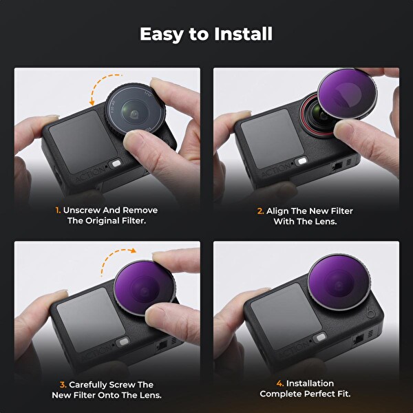 K&F Concept DJI Osmo Action 6 Uyumlu 4'lü Vidalı Filtre Seti CPL ND8 ND16 ND32