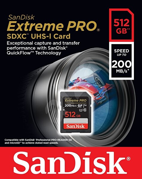 Sandisk Extreme Pro 512 GB 200/140MB/S SDXC V30 UHS-I U3 Hafıza Kartı SDSDXXD-512G-GN4IN