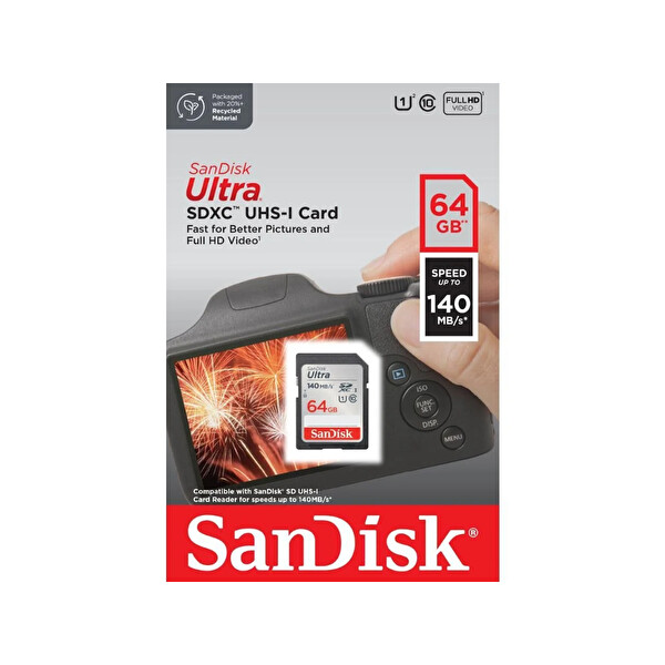 Sandisk Ultra SDSDUNB-064G-GN6IN 64 GB 140 MB/s SDHC/SDXC Class 10 UHS-I Hafıza Kartı