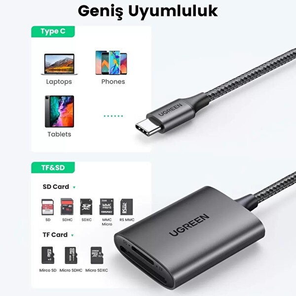 Ugreen 80888 Type-C To SD Ve Micro SD Kart Okuyucu Adaptör