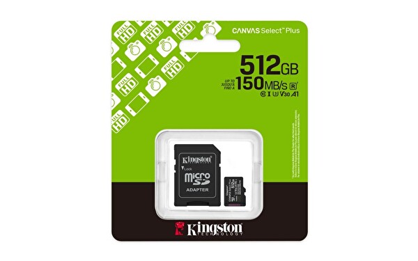 Kingston SDCS3 512 GB microSDXC Canvas Select Plus Gen3 150MB-s A1 Card - Adapter Hafıza Kartı