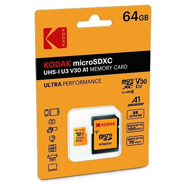 Kodak 64GB Micro SDXC UHS-I U3 V30 A1 Yellow SD Adaptör Drone Aksiyon Kamera ve Telefon Uyumlu Hafıza Kartı