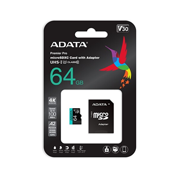 Adata AUSDX64GUI3V30SA2-RA1 Premier Pro 64 GB SDXC/SDHC U3/V30S Micro SD Kart