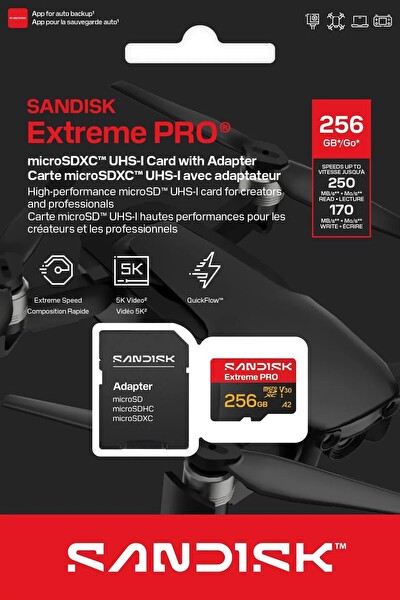 Sandisk Extreme Pro SDSQXCJ-256G-GS6MA 256 GB 250/170MB/s microSDXC UHS-I A2 V30 5K/4K Kamera Drone Hafıza Kartı