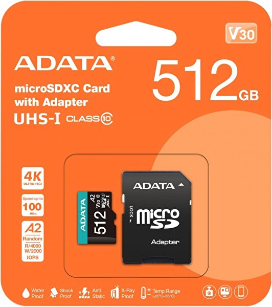 Adata Premier Class10 100/25 MB/s Micro SDXC Adaptörlü 512 GB Hafıza Kartı