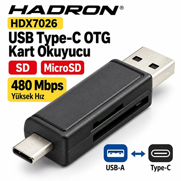 Hadron HDX7026 USB Type-C OTG SD MicroSD 480 Mbps Siyah Kart Okuyucu