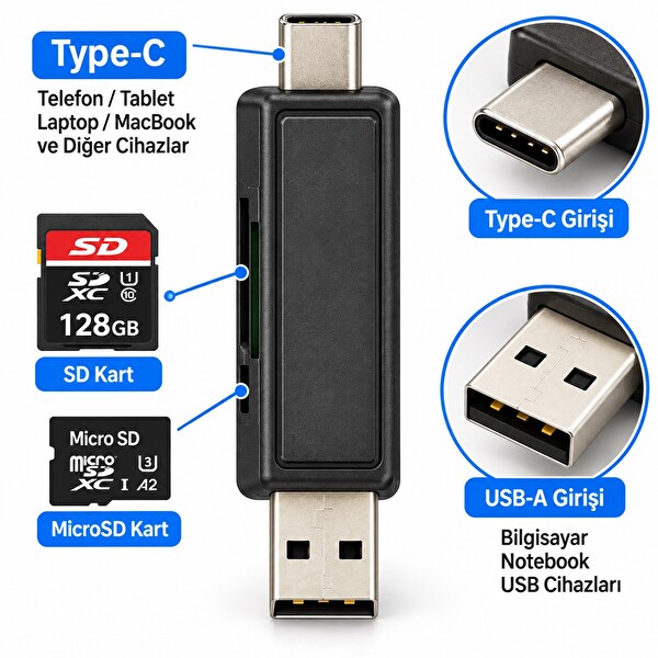 Hadron HDX7026 USB Type-C OTG SD MicroSD 480 Mbps Siyah Kart Okuyucu