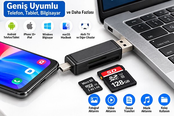 Hadron HDX7026 USB Type-C OTG SD MicroSD 480 Mbps Siyah Kart Okuyucu