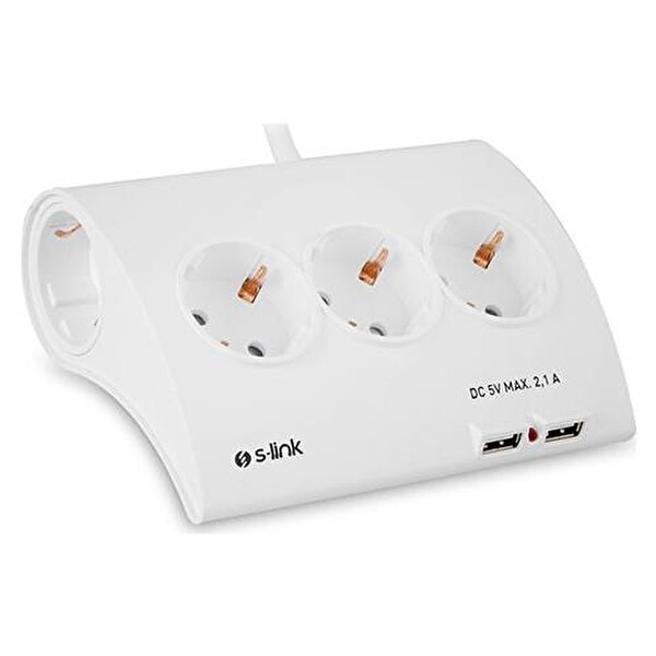 S-Link SPG9-5-15 Akım Koruma ve 2 Adet 2.1 A USB Şarj Soketli Beşli Masaüstü Grup Priz