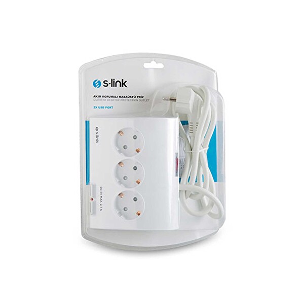 S-Link SPG9-5-15 Akım Koruma ve 2 Adet 2.1 A USB Şarj Soketli Beşli Masaüstü Grup Priz
